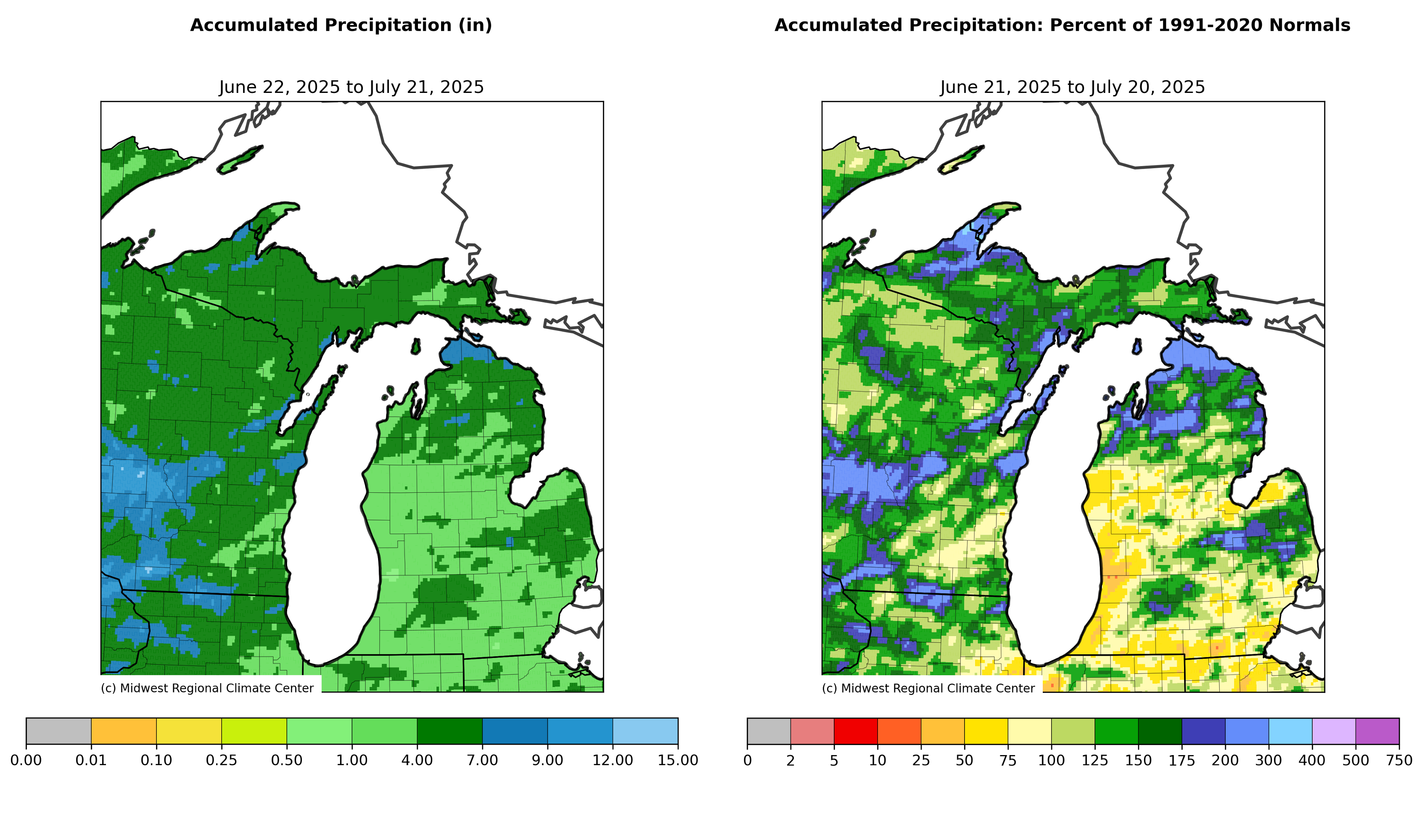 Accumulated Precipitation (June 22–July 21, 2025) Left Panel: A map of Michigan showing total precipitation in inches. Most areas received 2–7 inches, with some pockets in northern Michigan and Wisconsin receiving up to 12 inches. Green to blue shades represent higher rainfall totals.  Right Panel: The same region with percent of normal precipitation based on 1991–2020 averages. Southeastern Michigan is below normal (yellow), while some northern and central areas are above normal (green to blue), indicating rainfall variability.